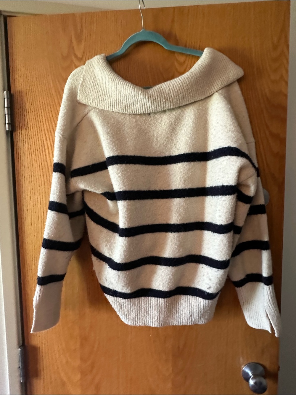 Molly Bracken Cream and Black Striped V-Neck Hoodie Sweater - Picture 2 of 3
